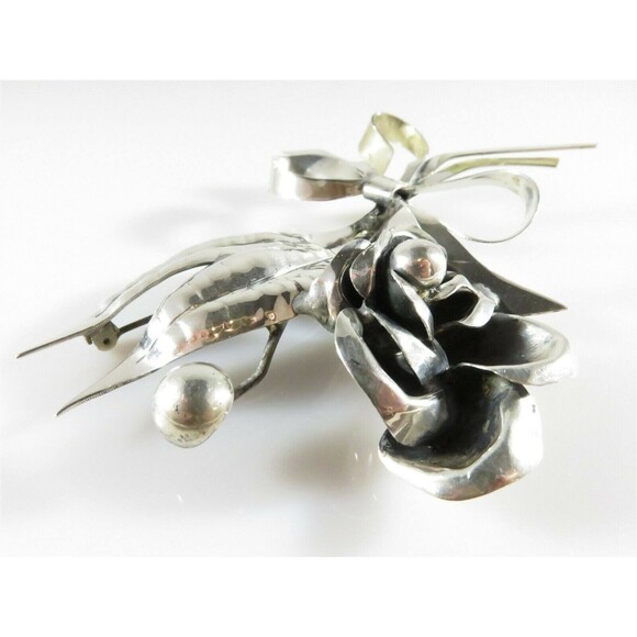 Large 4" Sterling Silver Flower Spray Brooch Ribbon Bow Handwrought Repair - Picture 4 of 13